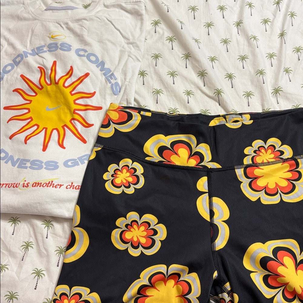 Nike White Tee and Black Floral Leggings